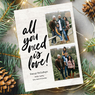 All You Need Is Love Calligraphy Wood Two Photo Holiday Card