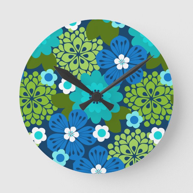 Allana Garden Hawaiian Graphical Floral - Navy Round Clock (Front)