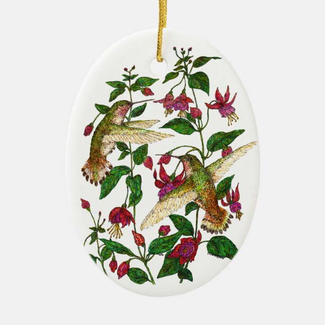 Allan's Hummingbirds & Fuschia Ceramic Ornament (Front)