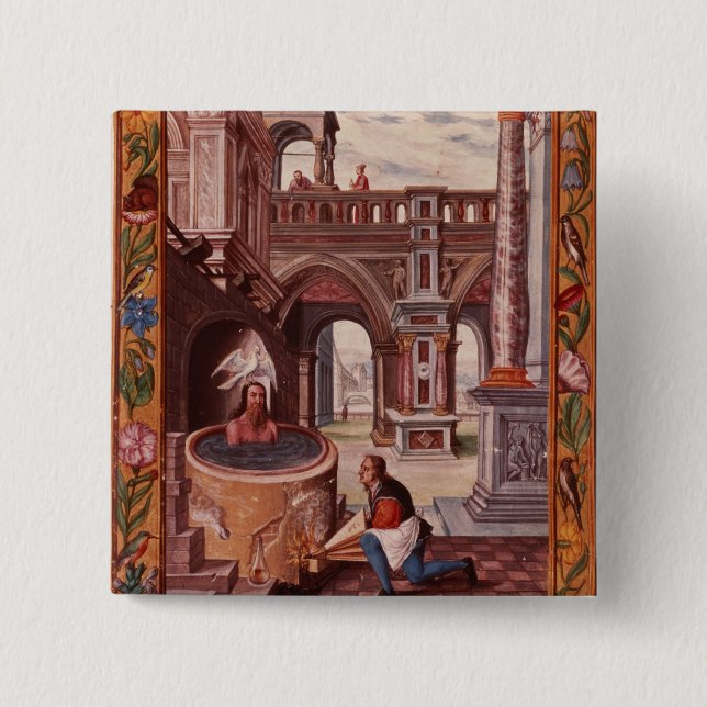 Allegorical illustration of an Alchemist at 15 Cm Square Badge (Front)