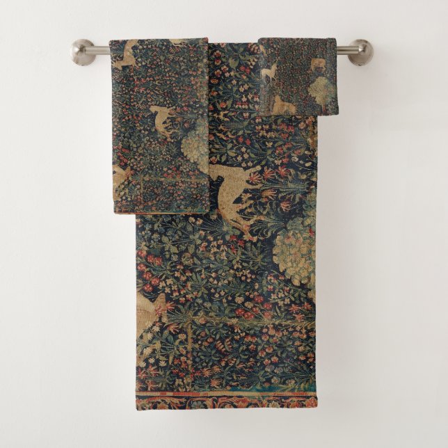 Allegorical Millefleurs Tapestry with Animals Bath Towel Set (Insitu)