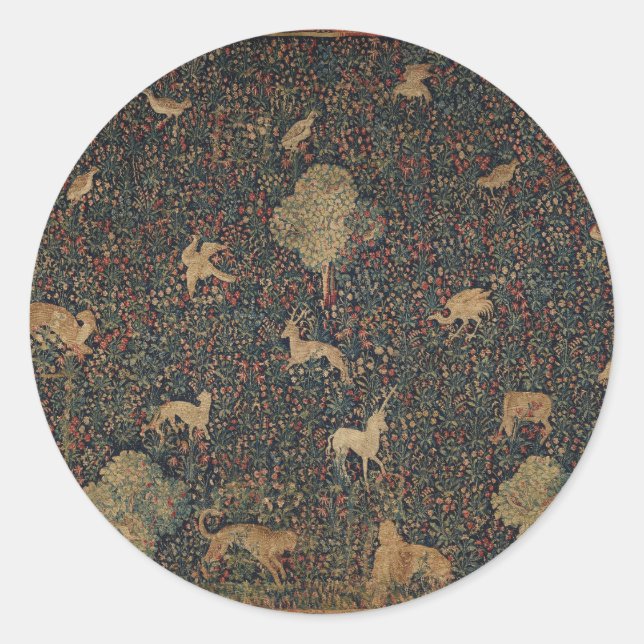 Allegorical Millefleurs Tapestry with Animals Classic Round Sticker (Front)