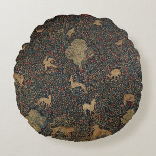 Allegorical Millefleurs Tapestry with Animals Round Cushion