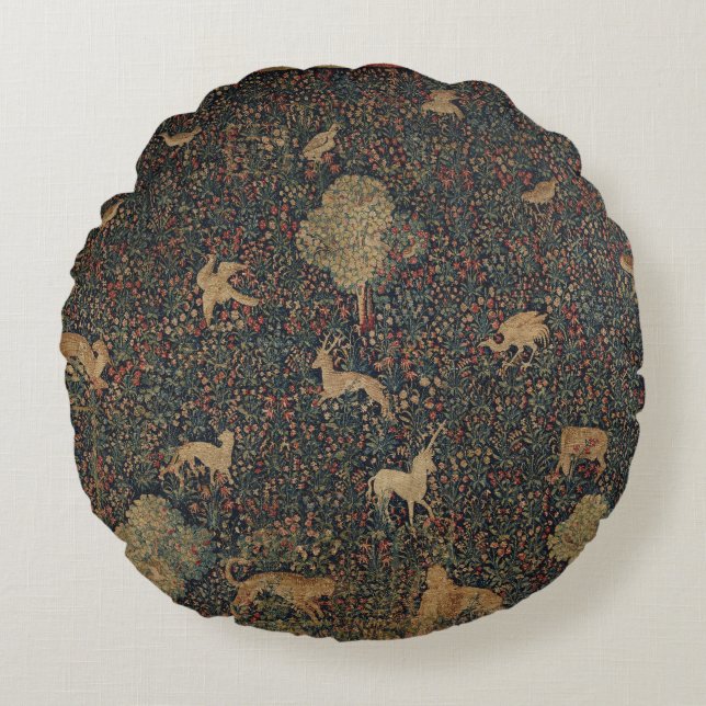 Allegorical Millefleurs Tapestry with Animals Round Cushion (Front)