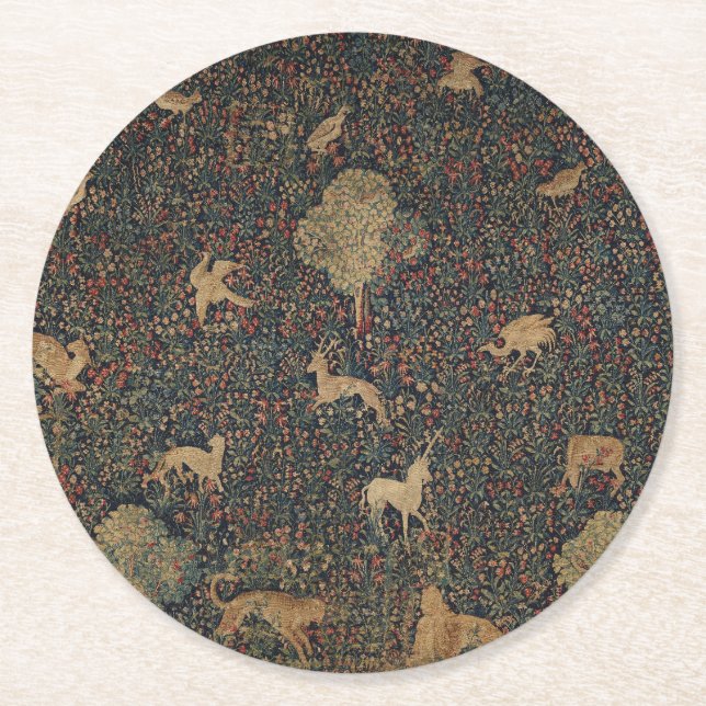 Allegorical Millefleurs Tapestry with Animals Round Paper Coaster (Front)