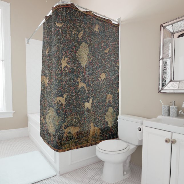 Allegorical Millefleurs Tapestry with Animals Shower Curtain (In Situ)