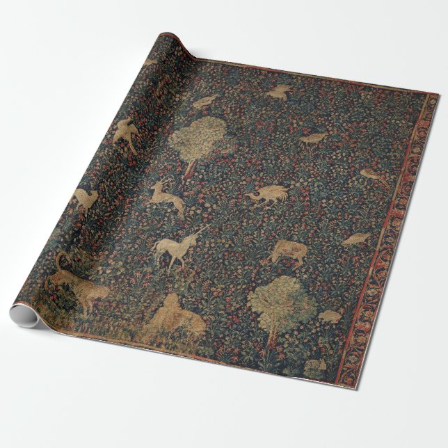 Allegorical Millefleurs Tapestry with Animals Wrapping Paper (Unrolled)