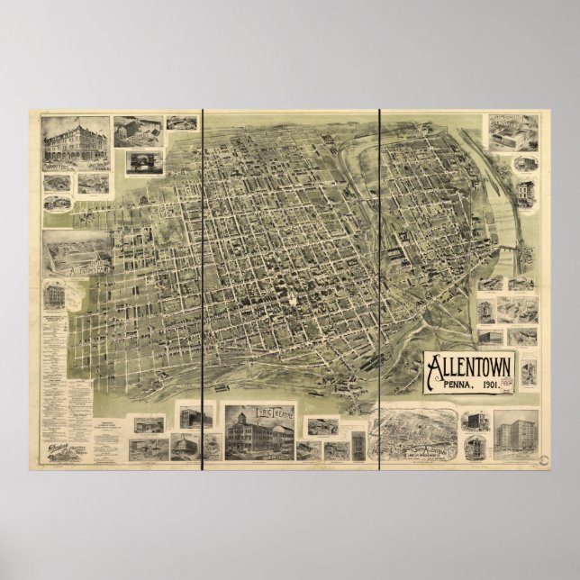 Allentown Pennsylvania 1901 Antique Panoramic Map Poster (Front)