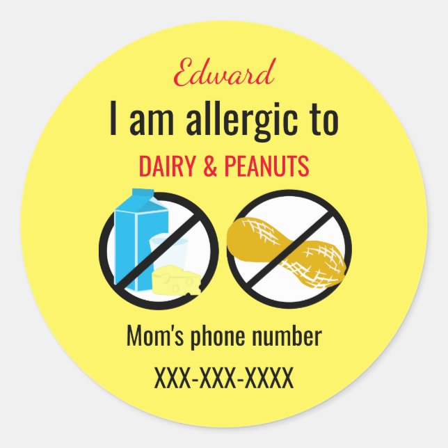 Allergic to Peanuts and Dairy Kids Personalised Classic Round Sticker (Front)