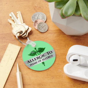 Allergy alert allergic to green SILVER caduceus Key Ring