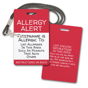 Allergy Alert for Medical Emergency Contact Info ID Badge