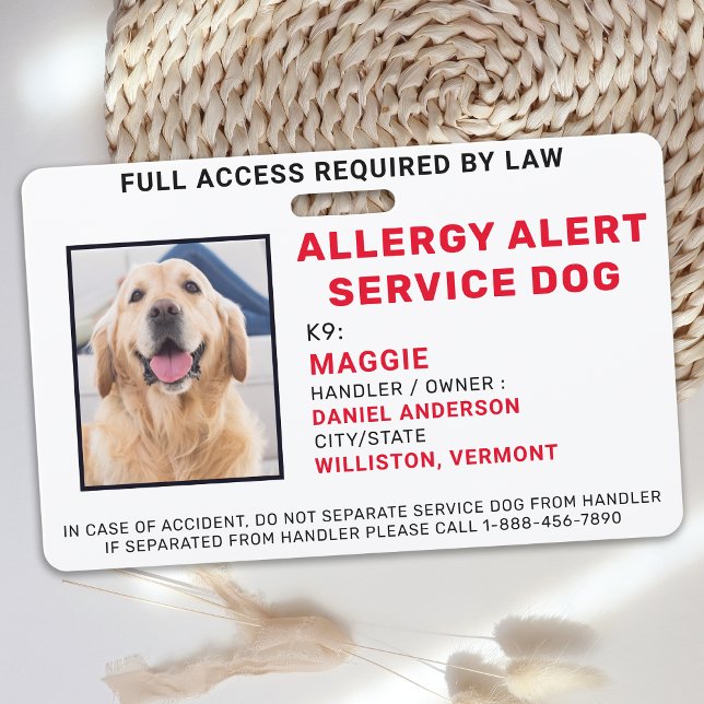 Allergy Alert Service Dog Photo ID Badge (Creator Uploaded)