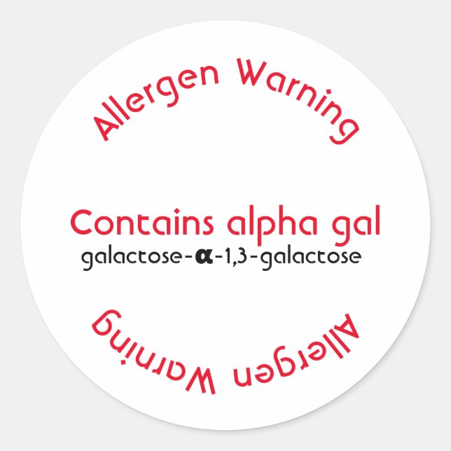 Allergy allergen labelling, alpha gal food allergy classic round sticker (Front)