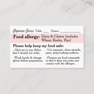 Allergy Dining Card, Celiac Friendly Restaurant Calling Card