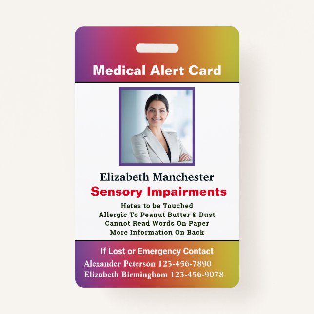Allergy Disability Alert Contact ID Photo Custom  ID Badge (Front)