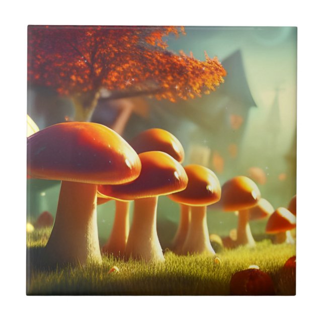 Alley of cute mushrooms colourful magical scenery ceramic tile (Front)