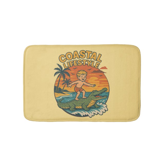 Alligator Beach Surfing | Retro Gator Coastal Surf Bath Mat (Front)