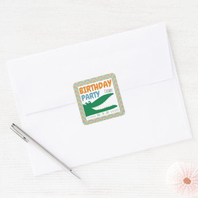 Alligator Chomp, Chevron Birthday Party Square Sticker (Envelope)