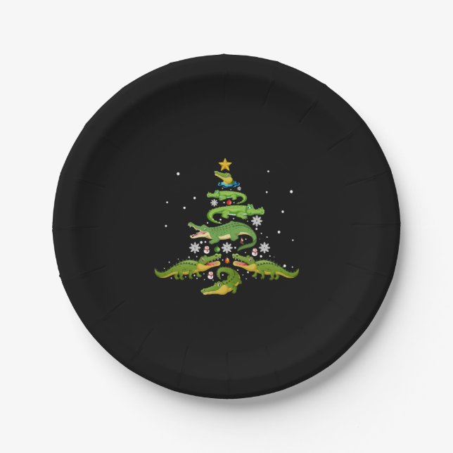 Alligator Christmas Tree Cute Xmas Lover Lights Paper Plate (Front)
