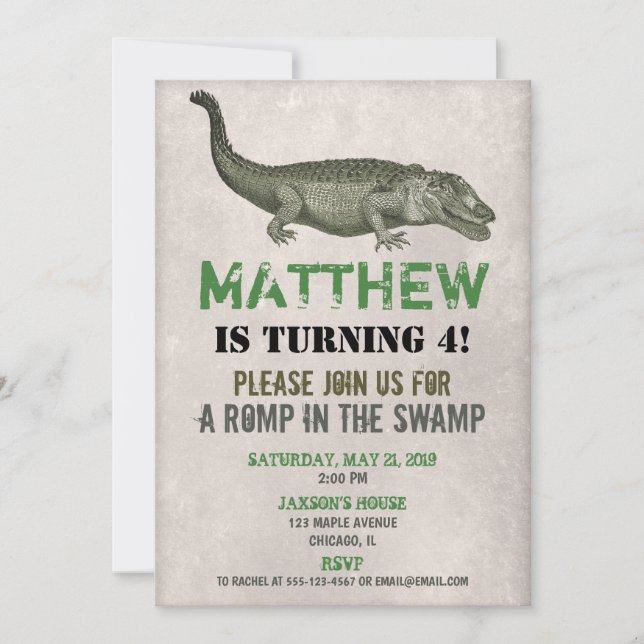 Alligator Crocodile birthday invitation, rustic Invitation (Front)