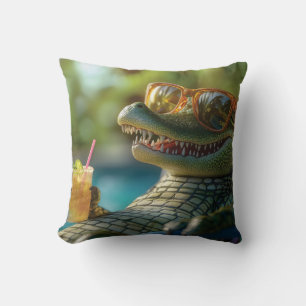 Alligator Enjoying a Poolside Cocktail Cushion