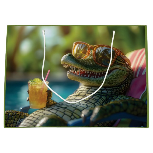Alligator Enjoying a Poolside Cocktail Large Gift Bag (Front)