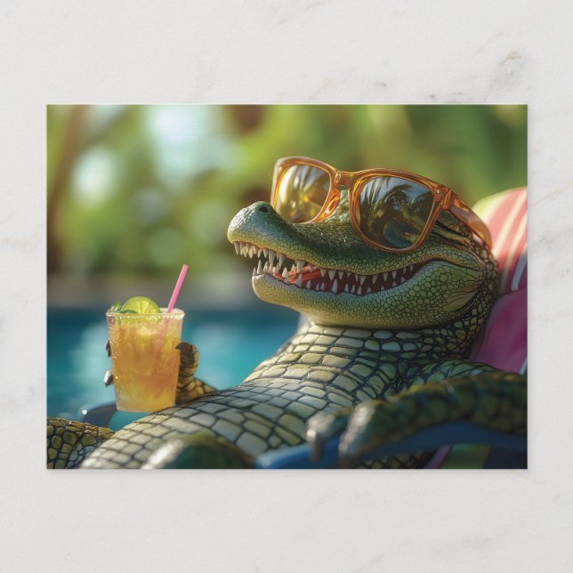 Alligator Enjoying a Poolside Cocktail Postcard (Front)