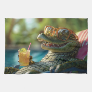 Alligator Enjoying a Poolside Cocktail Tea Towel