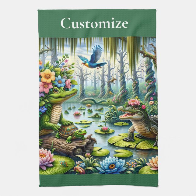 Alligator Fantasy Swamp Thunder_Cove Tea Towel (Vertical)