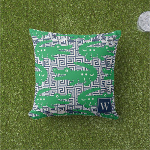 Alligator Greek Key- Green & Navy Monogram Cushion