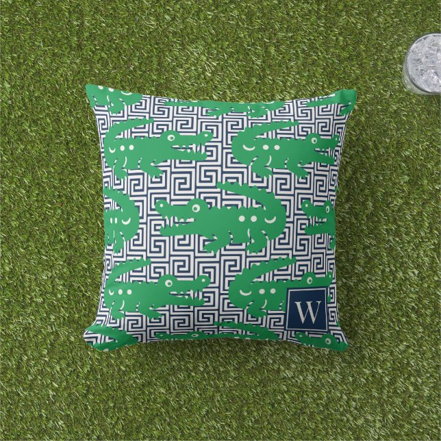  Alligator Greek Key- Green & Navy Monogram Cushion (Grass)