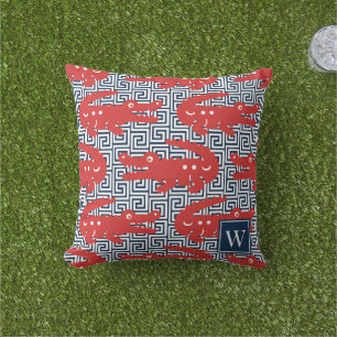 Alligator Greek Key- Red & Navy Monogram Cushion