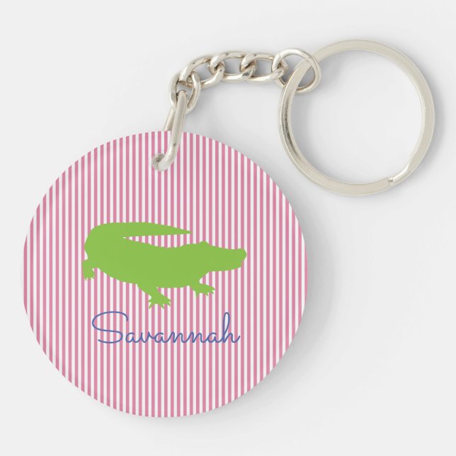Alligator Green Pink Preppy Personalised Name  Key Ring (Back)