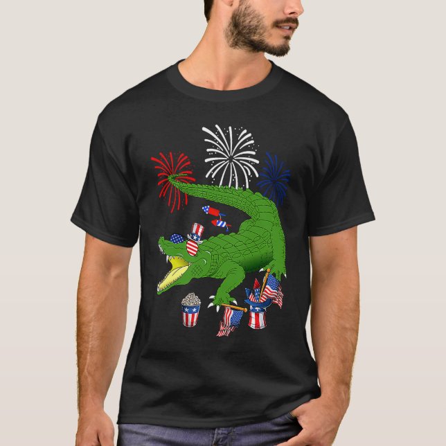 Alligator Holding American Flag Sunglasses Happy 4 T-Shirt (Front)