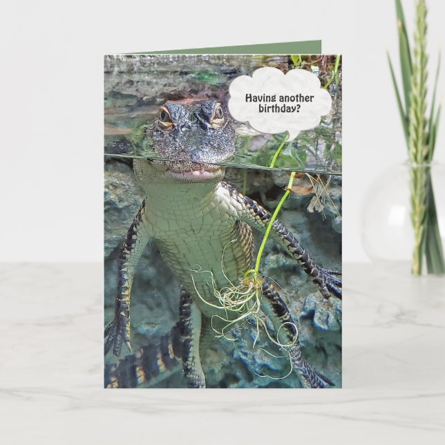 alligator in pond water birthday humour card (Front)