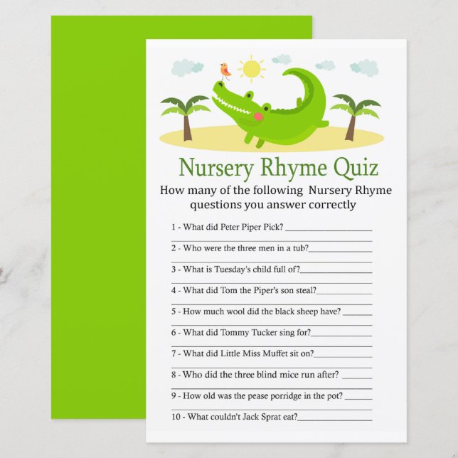 Alligator Nursery Rhyme Quiz baby shower game (Front/Back)
