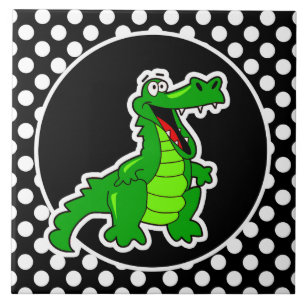 Alligator on Black and White Polka Dots Ceramic Tile