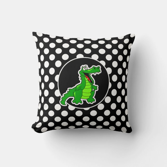 Alligator on Black and White Polka Dots Cushion (Front)