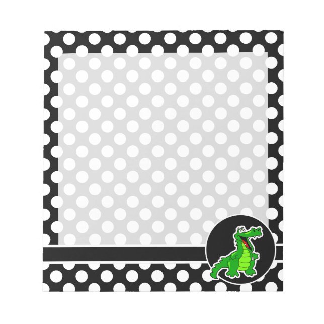 Alligator on Black and White Polka Dots Notepad (Front)