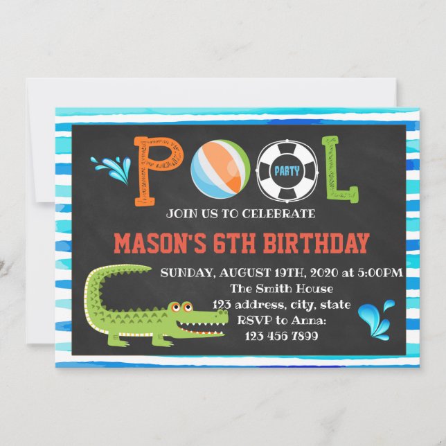 Alligator pool birthday party invitation (Front)