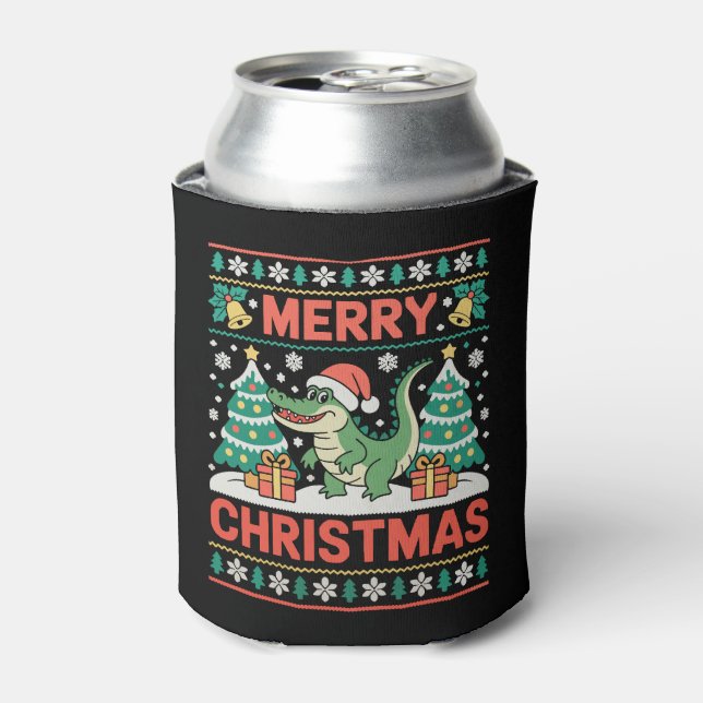 Alligator Santa Hat Ugly Sweater Christmas Tree Can Cooler (Can Front)