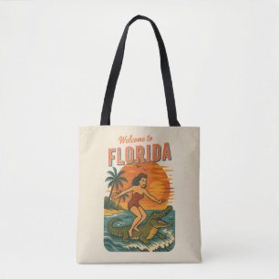 Alligator Surfer Beach Pin-Up   Retro Coastal Surf Tote Bag