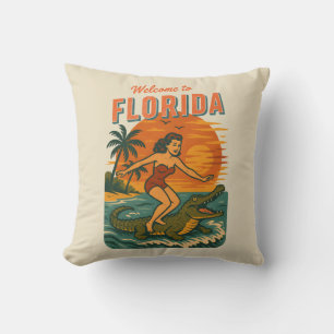 Alligator Surfing Beach Pin-up   Retro Coastal Art Cushion