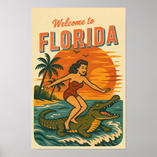 Alligator Surfing Beach Pin-up Retro Coastal Art Poster