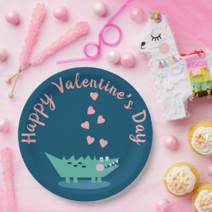 Alligator Valentines Day  Hearts Pink   Paper Plate