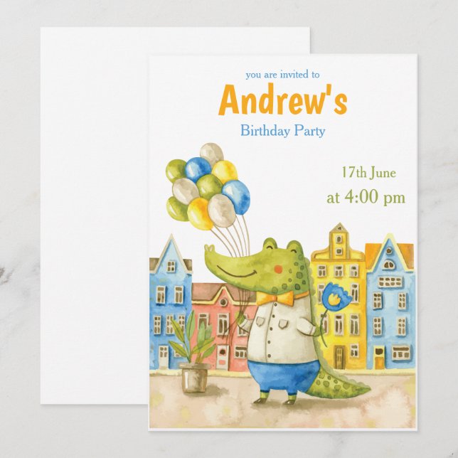 Alligator Watercolor Crocodile Birthday Invitation (Front/Back)