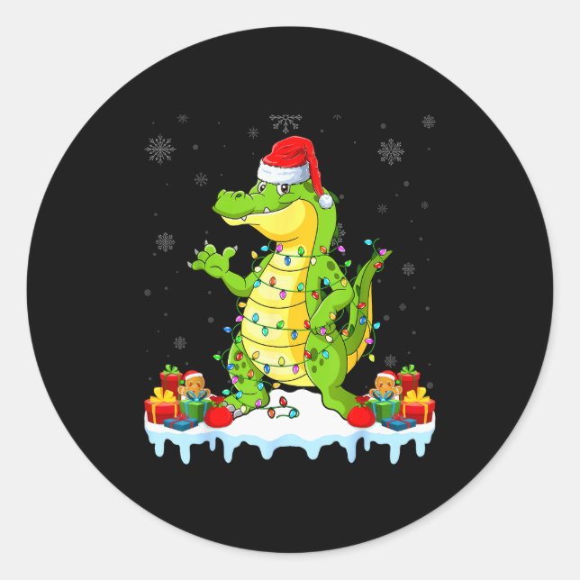 Alligator Wearing Xmas Lights Santa Hat Alligator  Classic Round Sticker (Front)