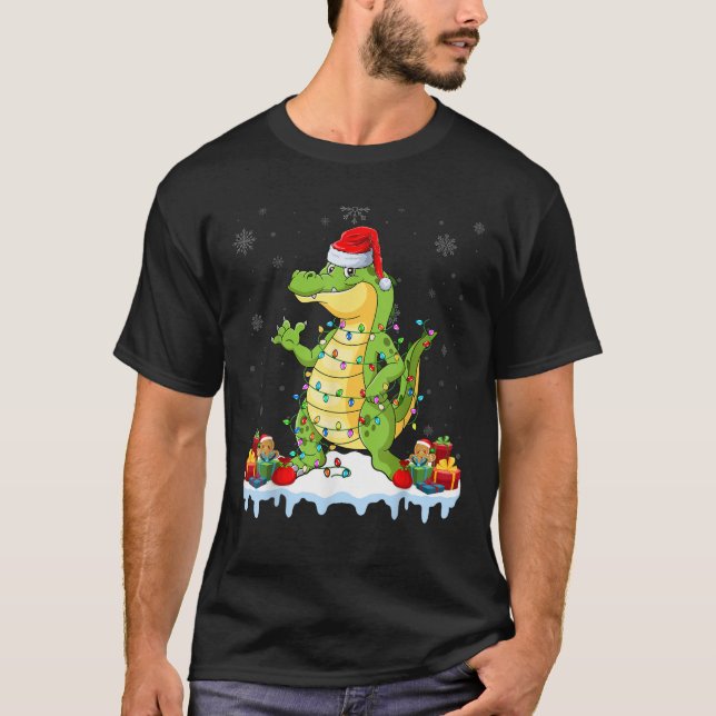 Alligator Wearing Xmas Lights Santa Hat Alligator  T-Shirt (Front)
