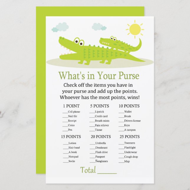 Alligator What's in your purse game baby shower (Front/Back)