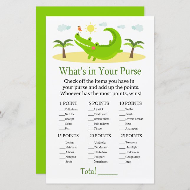 Alligator What's in your purse game baby shower (Front/Back)